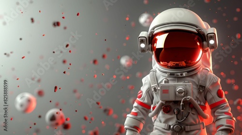 Astronaut in spacesuit with red visor exploring an alien planet with red dust floating in the air
