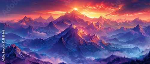 Breathtaking digital artwork of a vibrant sunset cascading over mystical mountain peaks, blending colors of twilight and dawn in a surreal landscape.