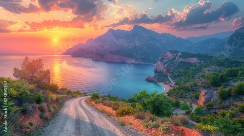 Magnificent sunset over a coastal landscape with winding road leading to mountain cliffs