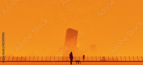 Apocalypse post-apocalyptic abandoned city desert hazmat suit robot dog orange sun haze chain link fence razor wire 3d illustration render digital rendering