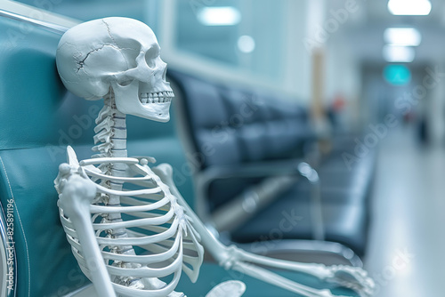 A lonely skeleton sits in a waiting room, its bones a stark contrast to the bright colors of the room.