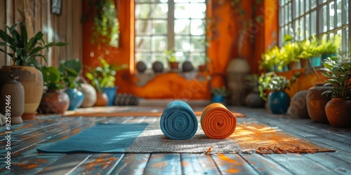Two yoga mats on a wooden floor in a room with potted plants