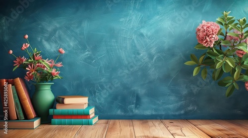 A blue wall with books and a vase of flowers