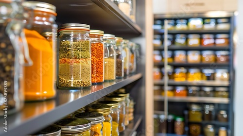 A kitchen with a walk-in pantry showcasing neatly stacked glass jars filled with colorful spices