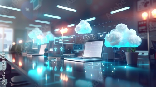 Top view of a cloud computing hub featuring servers and workstations, business technology background. essential elements of the hub, showcasing modern IT infrastructure