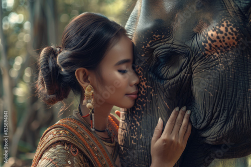 A Thai woman in traditional dress petting an elephant