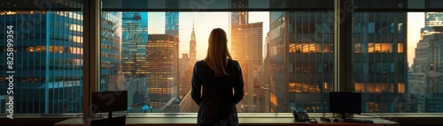 A woman looks out at an urban sunset from a modern office building, silhouetted against the city skyline, capturing determination and ambition.