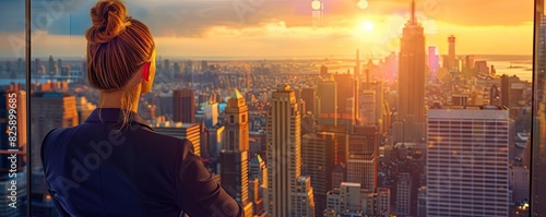 Woman admires the New York City skyline from a high vantage point at sunset, showcasing the beautiful urban landscape and glowing city lights.