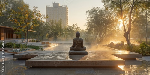 Statue of man in lotus position in front of fountain