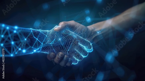 A human hand shaking hands with a digital, technological hand, symbolizing human-technology collaboration and futuristic innovation.