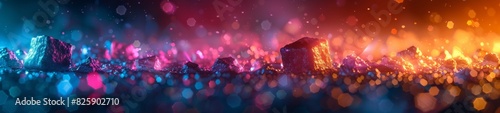 Abstract 3D Background. Floating geometric shapes populate a 3D space, softly lit by pulsating lights, crafting a captivating and dynamic scene.