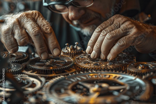 Watchmaker inspecting gears, detailed view of watch gears, emphasize detail