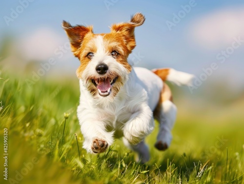Happy Jack Russell Terrier Running in a Sunny Field with Ears Flapping and a Big Smile - Generative AI