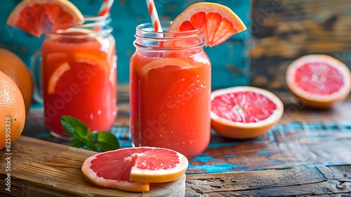 Refreshing homemade grapefruit juice in vintage jars. Simple and healthy drink with fresh citrus. Bright colors for a summer day. AI