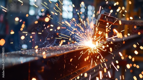 Sparks fly as welding equipment is used to secure steel beams together creating a strong and sy frame.
