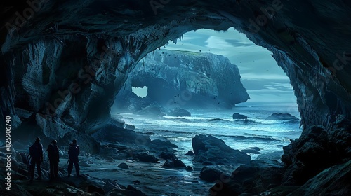 Mysterious ocean cave with silhouettes of explorers and a distant view of the rocky coastline under a moody, overcast sky.
