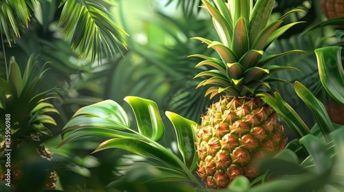 Ripe pineapple fruit with fresh leaves