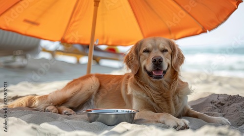 happy dog resting under a beach umbrella with a bowl of water, summer relaxation, isolated white background, copy space