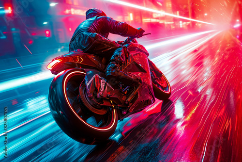 Man is riding motorcycle with neon orange lights in the background.