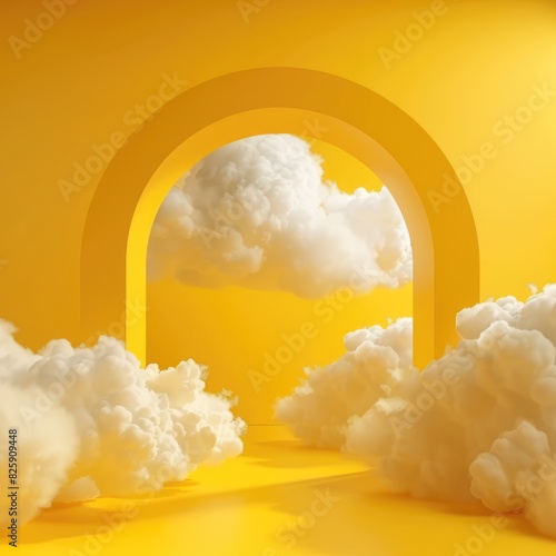 3d render, abstract sunny yellow background with white clouds and blue round hole. Simple geometric showcase scene with empty podium for product presentation 