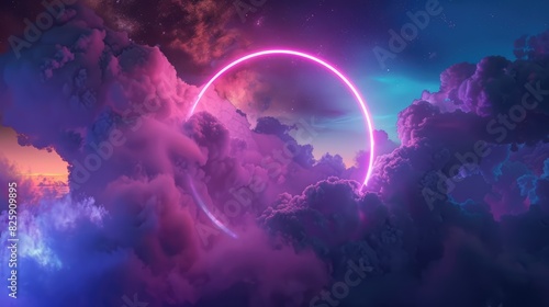 3d render, colorful neon ring glowing inside the stormy cloud on the dark sky, abstract background 