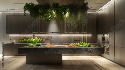 An open kitchen with a floating island suspended by invisible wires, showcasing a mesmerizing centerpiece of cascading herbs and spices