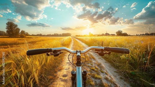 Bicycle riding on a scenic rural dirt path during a golden sunset, surrounded by fields of golden grass and clear sky.