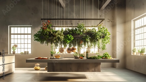 An open kitchen with a floating island suspended by invisible wires, showcasing a mesmerizing centerpiece of cascading herbs and spices