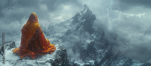 A monk meditates amid a snowstorm on a high mountain peak. covered with snow With a calm mind Along with rain and snow storms, lightning strikes in the distance.