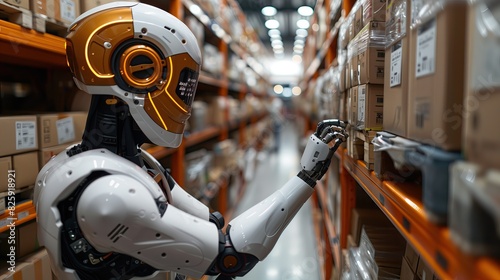 Innovative industrial robots work in warehouses to replace human workers. The concept of artificial intelligence and the industrial revolution and automation of production processes