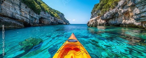 Kayaking in a clear blue lagoon surrounded by rocky cliffs and greenery under a sunny sky, depicting adventure and tranquility.