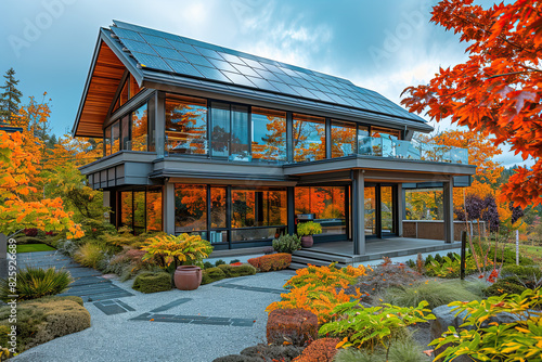 glass house with solar panels on the roof 