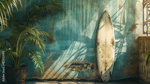 Surfboard with vintage design, leaning on a sunlit, weathered wall, tropical leaves, nostalgic summer feel