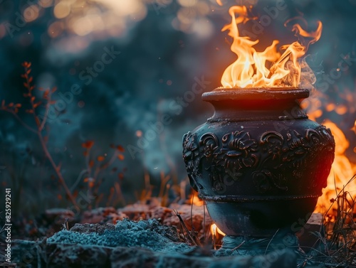 cremation of the body. funeral. burning the body after death. an urn with ashes stands next to the embalmed body. realistic photo. --ar 4:3 Job ID: 18059a96-e34a-49b6-b00f-0da71ed0f755