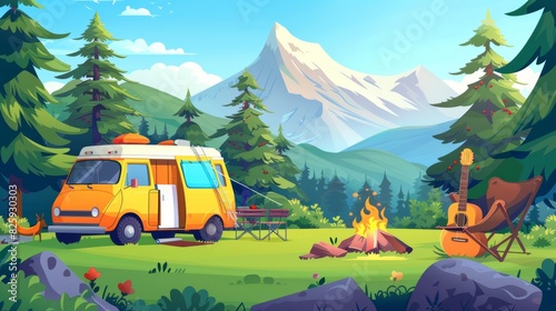 Travel and activity vacation equipment: tent, van, backpack, chair, and guitar. Modern illustration of a summer camp with bonfire, tent, van, backpack, chair, and guitar.