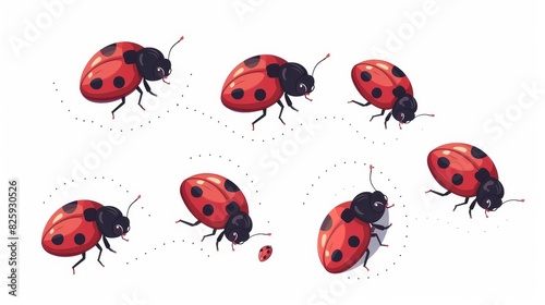 This cute ladybug icon set features ladybugs flying on a dotted route. Ladybirds with open wings are cartooned in modern form on a white background.