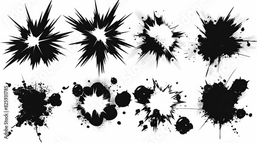 A black silhouette of a radial explosion. Exploding bursts, war clouds, and exploding bombs. Explosion burst dust, power bomb explosions effect. Isolated symbols graphic modern set.