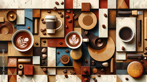 Geometric shapes and warm earth tones forming a dynamic backdrop, with stylized icons of coffee cups, beans, and latte art