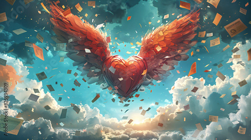 Dynamic illustration of a heart with wings, soaring through a sky filled with advertising messages and branding elements