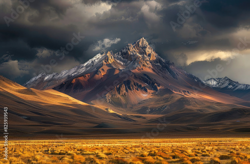 A majestic mountain peak in the Andes range, with its sharp outline and rugged terrain, stands tall against a backdrop of dark storm clouds