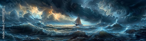 Dramatic seascape with sailboat navigating through stormy ocean waves under a tumultuous sky, capturing the essence of adventure and resilience.