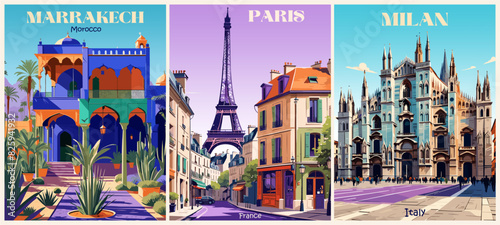 Set of Travel Destination Posters in retro style. Paris, France, Marrakech, Morocco, Milan, Italy digital prints. Internationa summer vacation, holidays concept. Vintage vector colorful illustrations.