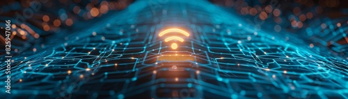 Enigmatic digital network with a central WiFi symbol glowing, representing global connectivity and digital communication