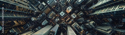 Aerial view of tall city skyscrapers creating a dense urban landscape, capturing the complexity and beauty of modern architectural design.