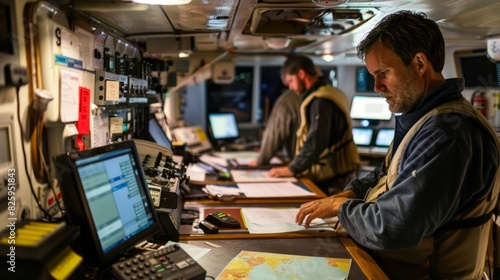 A crew of engineers and scientists aboard the vessel studying maps and data in the control room.