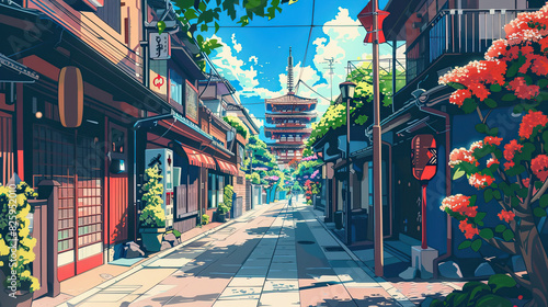 Vivid colorful illustrations of A japanese city 