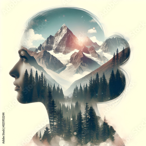The double exposure combines a woman's face, high mountains and a forest. Panoramic view. The concept of the unity of nature and man.