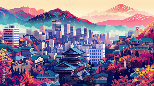 Vivid colorful illustrations of A japanese city 
