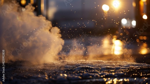 Thick clouds of steam rise up as water is poured onto the heated bitumen to form a foamy mixture.