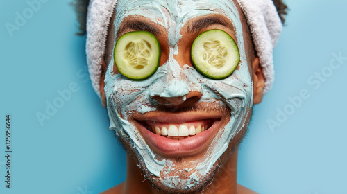 An unshaven man taking care of his skin by placing cucumber slices on his face for a soothing effect